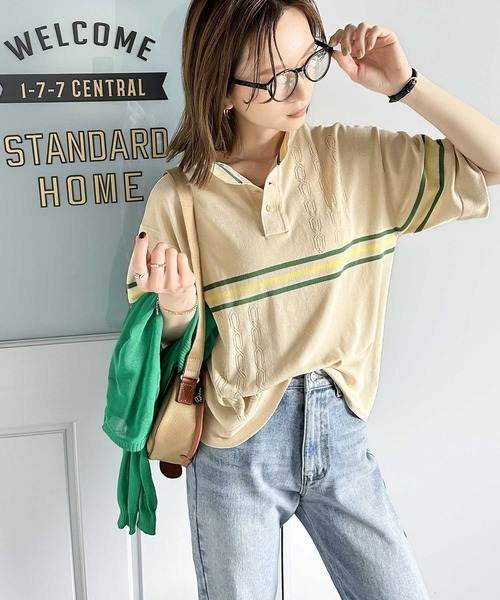 Java（ジャバ）の「《JaVaジャバ 別注》大人のヴィンテージライク。レトロボーダーニットポロシャツ（ポロシャツ・レディース・ベージュ/ブラウン/ライトグレー/ブルー・LARGE/MEDIUM/SMALL/X-LARGE）」の20枚目の写真