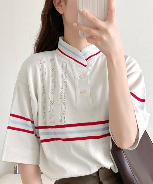 Java（ジャバ）の「《JaVaジャバ 別注》大人のヴィンテージライク。レトロボーダーニットポロシャツ（ポロシャツ・レディース・ベージュ/ブラウン/ライトグレー/ブルー・LARGE/MEDIUM/SMALL/X-LARGE）」の22枚目の写真