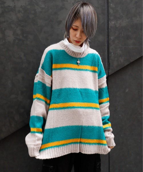 Bling Leads(ブリングリーズ)の「Z)【BLINGLEADS】723803 モヘアタッチマルチボーダークルー(ニット/セーター・メンズ・グレー系その他/ブラック系その他/ホワイト系その他2/ホワイト系その他・LARGE/MEDIUM)」の4枚目の写真