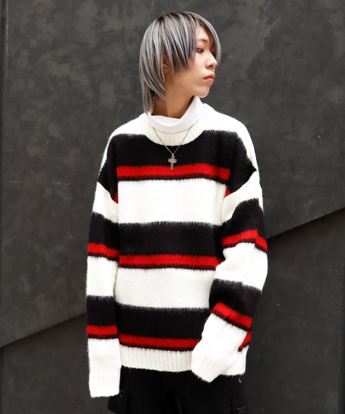 Bling Leads(ブリングリーズ)の「Z)【BLINGLEADS】723803 モヘアタッチマルチボーダークルー(ニット/セーター・メンズ・グレー系その他/ブラック系その他/ホワイト系その他2/ホワイト系その他・LARGE/MEDIUM)」の1枚目の写真