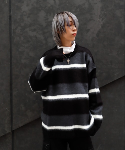 Bling Leads(ブリングリーズ)の「Z)【BLINGLEADS】723803 モヘアタッチマルチボーダークルー(ニット/セーター・メンズ・グレー系その他/ブラック系その他/ホワイト系その他2/ホワイト系その他・LARGE/MEDIUM)」の9枚目の写真