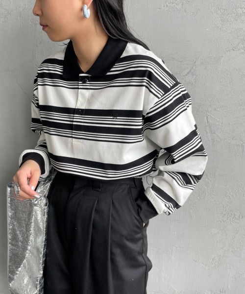 UNIVERSAL OVERALL（ユニバーサルオーバーオール）の「【men's FUDGE7月号掲載】[UNIVERSAL OVERALL/ユニバーサルオーバーオール] 別注 ボーダー柄 ロングスリーブポロシャツ（ポロシャツ・レディース・ブラウン/グリーン/ホワイト・M/L/S）」の2枚目の写真