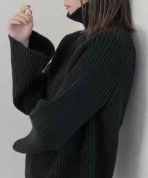 Reurie' | オーバーフレアスリーブリブニット/ プルオーバー ミドル丈 ハイネック タートルネック モックネック オーバーサイズ ビッグサイズ ベージュ ブラック(ニット/セーター)