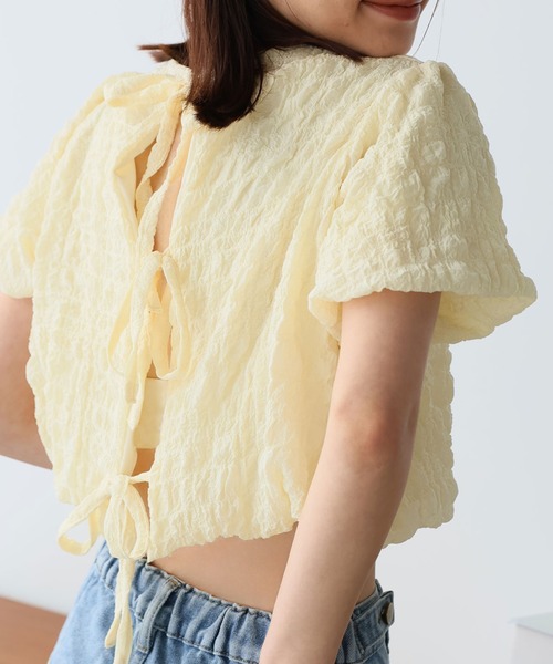 LAFFMO(ラフモ)の「バックオープンリボンショートトップス(シャツ/ブラウス・レディース・ピンク/イエロー/ブルー/ブラック・F)」の22枚目の写真