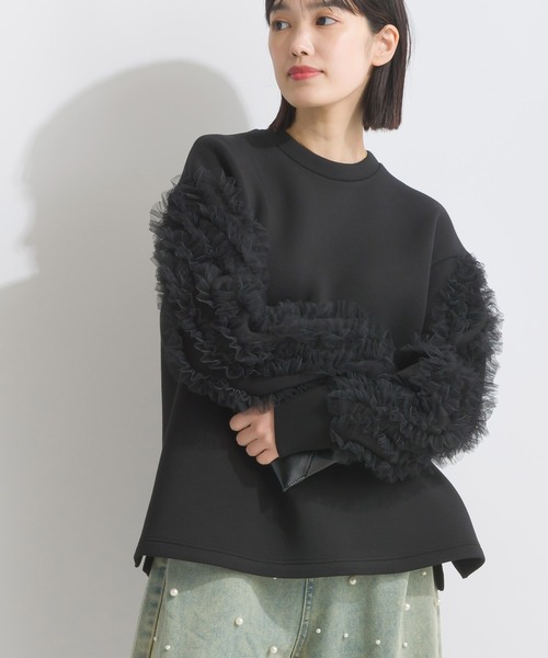 PICCIN（ピッチン）の「袖チュールフリルダンボールニットプルオーバー（Tシャツ/カットソー・レディース・ベージュ/ブラック・M）」の8枚目の写真