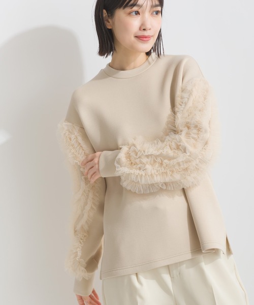 PICCIN（ピッチン）の「袖チュールフリルダンボールニットプルオーバー（Tシャツ/カットソー・レディース・ベージュ/ブラック・M）」の4枚目の写真