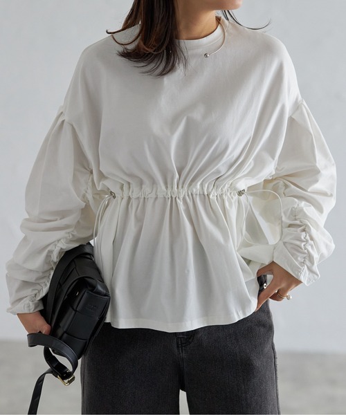 each（イーチ）の「【2WAY着用可能】ドロストぺプラムギャザースリーブTシャツ（Tシャツ/カットソー・レディース・ホワイト/ブラック・FREE）」の4枚目の写真