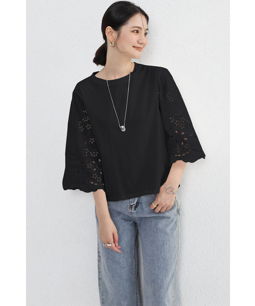 Cinderella（シンデレラ）の「カットソー シャツ トップス 半袖 レディース 春 夏 秋 Tシャツ レース 女性 カジュアル 異素材 大人かわいい 上品 シンプル（Tシャツ/カットソー・レディース・ホワイト/ブラック・FREE）」の2枚目の写真