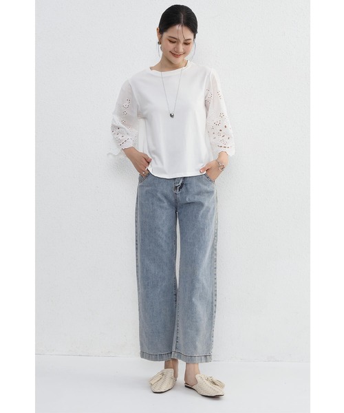 Cinderella（シンデレラ）の「カットソー シャツ トップス 半袖 レディース 春 夏 秋 Tシャツ レース 女性 カジュアル 異素材 大人かわいい 上品 シンプル（Tシャツ/カットソー・レディース・ホワイト/ブラック・FREE）」の3枚目の写真