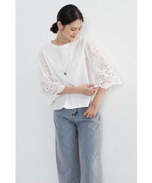 Cinderella（シンデレラ）の「カットソー シャツ トップス 半袖 レディース 春 夏 秋 Tシャツ レース 女性 カジュアル 異素材 大人かわいい 上品 シンプル（Tシャツ/カットソー・レディース・ホワイト/ブラック・FREE）」の4枚目の写真