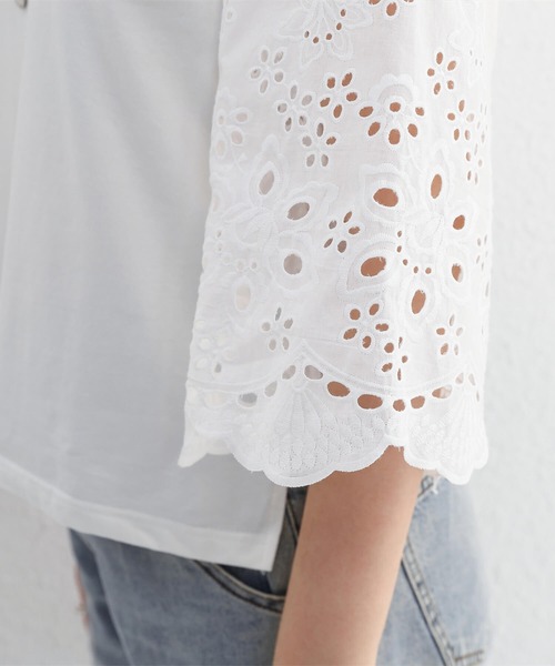 Cinderella（シンデレラ）の「カットソー シャツ トップス 半袖 レディース 春 夏 秋 Tシャツ レース 女性 カジュアル 異素材 大人かわいい 上品 シンプル（Tシャツ/カットソー・レディース・ホワイト/ブラック・FREE）」の7枚目の写真