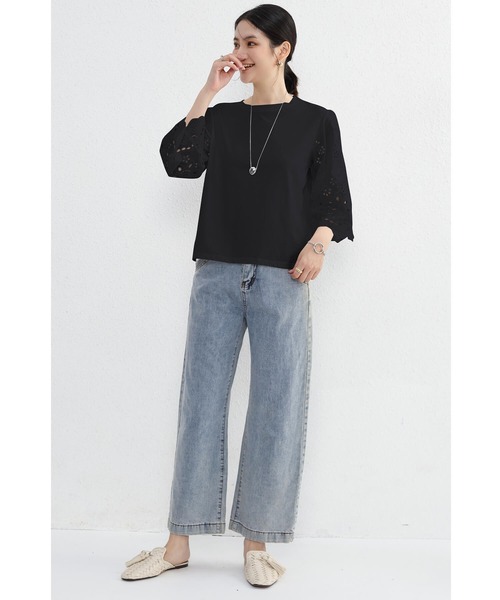 Cinderella（シンデレラ）の「カットソー シャツ トップス 半袖 レディース 春 夏 秋 Tシャツ レース 女性 カジュアル 異素材 大人かわいい 上品 シンプル（Tシャツ/カットソー・レディース・ホワイト/ブラック・FREE）」の9枚目の写真