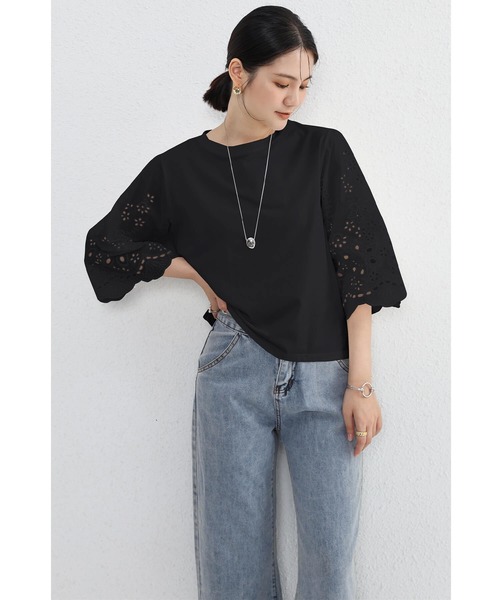 Cinderella（シンデレラ）の「カットソー シャツ トップス 半袖 レディース 春 夏 秋 Tシャツ レース 女性 カジュアル 異素材 大人かわいい 上品 シンプル（Tシャツ/カットソー・レディース・ホワイト/ブラック・FREE）」の10枚目の写真