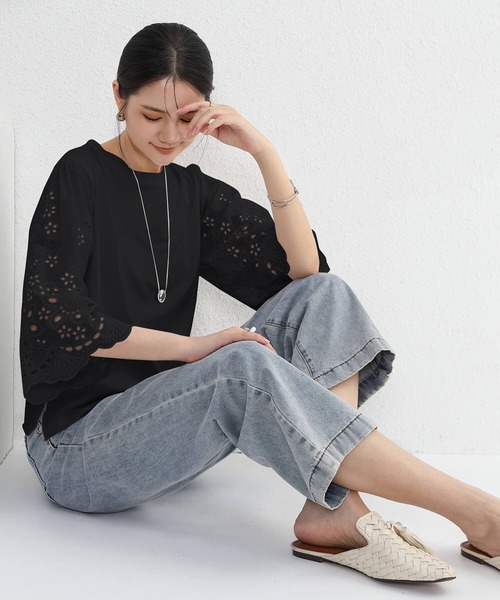 Cinderella（シンデレラ）の「カットソー シャツ トップス 半袖 レディース 春 夏 秋 Tシャツ レース 女性 カジュアル 異素材 大人かわいい 上品 シンプル（Tシャツ/カットソー・レディース・ホワイト/ブラック・FREE）」の11枚目の写真