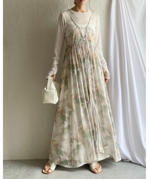 She's Closet（シーズクローゼット）の「【低身長向けサイズあり】ぼかしプリントニュアンス柄リボン2WAYメッシュロングチュールキャミワンピース（ワンピース・レディース・チャコールグレー/アイボリー・SHORT/FREE）」の19枚目の写真