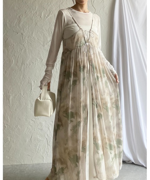 She's Closet（シーズクローゼット）の「【低身長向けサイズあり】ぼかしプリントニュアンス柄リボン2WAYメッシュロングチュールキャミワンピース（ワンピース・レディース・チャコールグレー/アイボリー・SHORT/FREE）」の17枚目の写真
