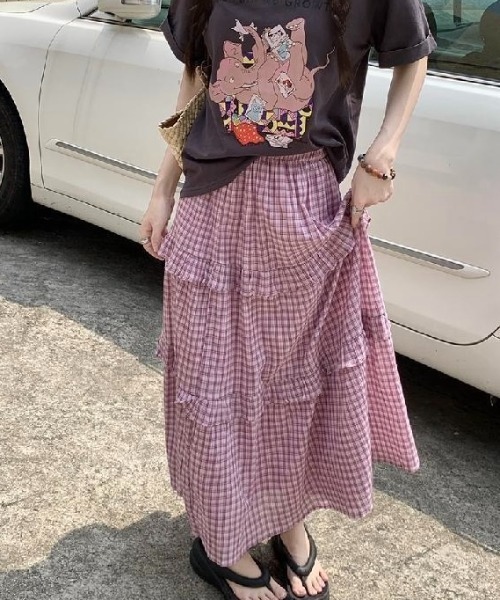 セール】ミニチェック柄3段ティアードロングスカート（スカート