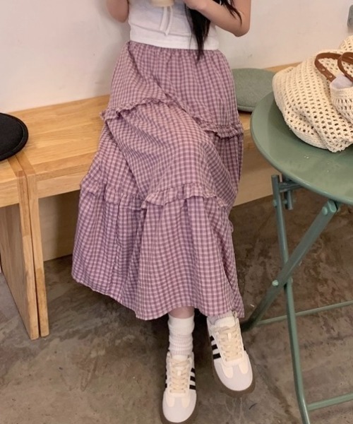LADY LIKE（レディライク）の「ミニチェック柄3段ティアードロングスカート（スカート・レディース・ピンク/ブラック・M）」の9枚目の写真