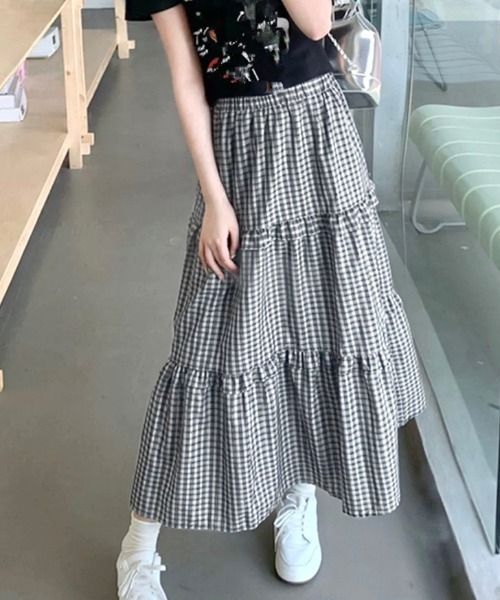 セール】ミニチェック柄3段ティアードロングスカート（スカート