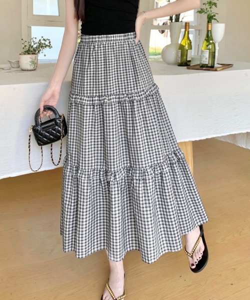 セール】ミニチェック柄3段ティアードロングスカート（スカート