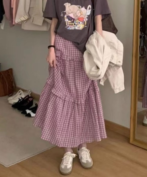 LADY LIKE（レディライク）の「ミニチェック柄3段ティアードロングスカート（スカート・レディース・ピンク/ブラック・M）」の5枚目の写真