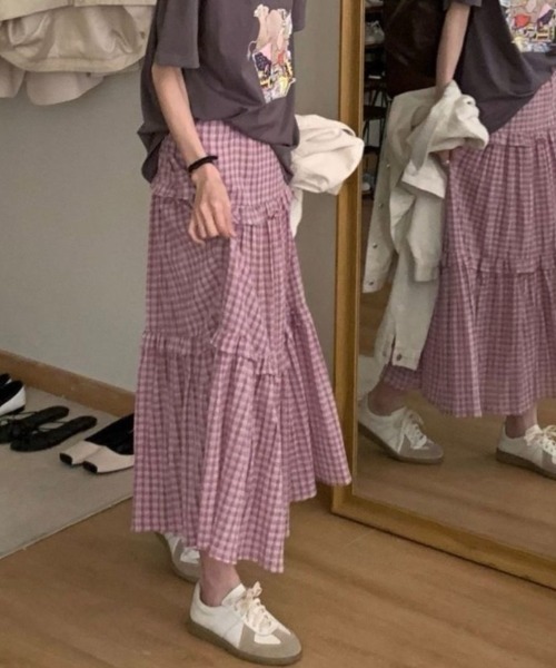 LADY LIKE（レディライク）の「ミニチェック柄3段ティアードロングスカート（スカート・レディース・ピンク/ブラック・M）」の6枚目の写真