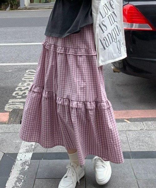セール】ミニチェック柄3段ティアードロングスカート（スカート