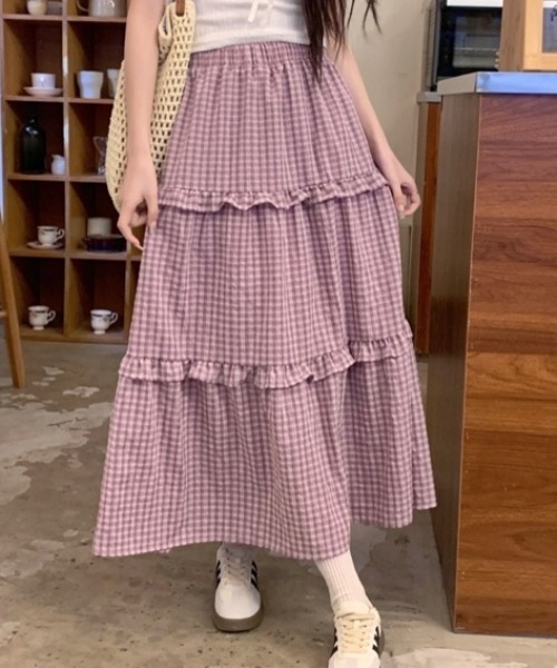 だんだんティアードロングスカート ピンク系チェック だんだんティアードロングスカート ピンク系チェック だんだん