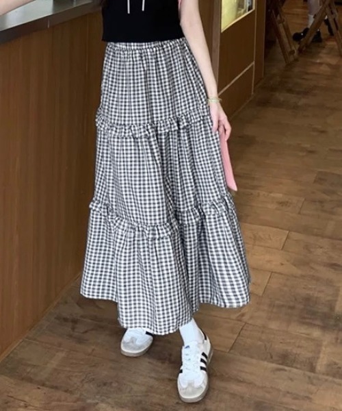 セール】ミニチェック柄3段ティアードロングスカート（スカート