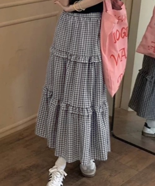 だんだんティアードロングスカート ピンク系チェック 裏地付き