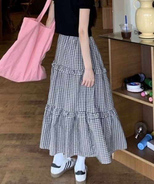 セール】ミニチェック柄3段ティアードロングスカート（スカート