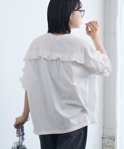 RETRO GIRL(レトロガール)の「BフリルワイドT-shirt(Tシャツ/カットソー・レディース・オフホワイト/チャコールグレー/ブラック・FREE)」の1枚目の写真