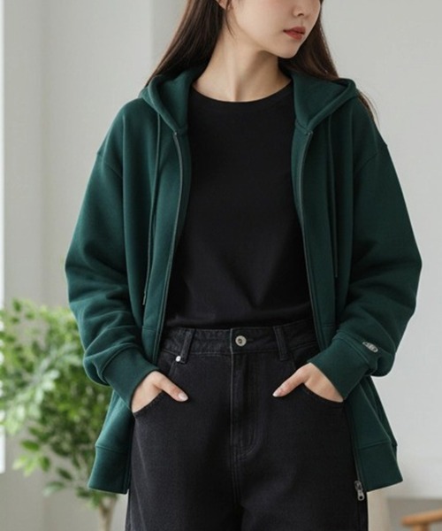 DISCUS（ディスカス）の「DISCUS/ディスカス 別注 オーバーサイズ 裏起毛 ワンポイントロゴ刺繍 ミニワッペン フルジップパーカー フーディー パーカー スウェット レディース メンズ（パーカー・メンズ・ブラック/ブルーグリーン/グレー/ネイビー/オートミール/ブラウン/グレイッシュベージュ・M/L/LL）」の7枚目の写真