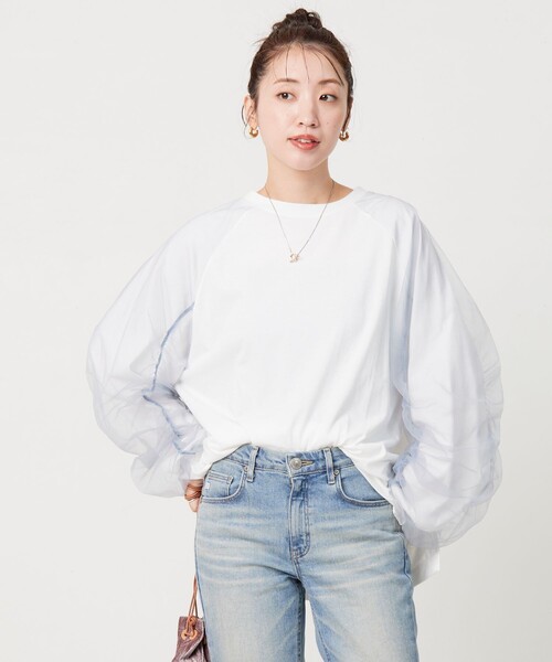 FREAK'S STORE(フリークスストア)の「限定展開 袖チュール 重ね ラグラン ロングスリーブ プルオーバー(Tシャツ/カットソー・レディース・オフホワイト/ブラック/ナチュラル/グレー・フリ-)」の2枚目の写真