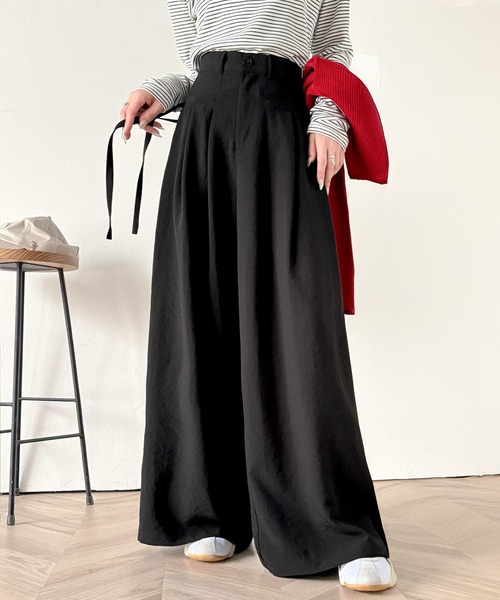 セール】動くたび軽やか上品シルエット。サイドリボン付き3タックハイ