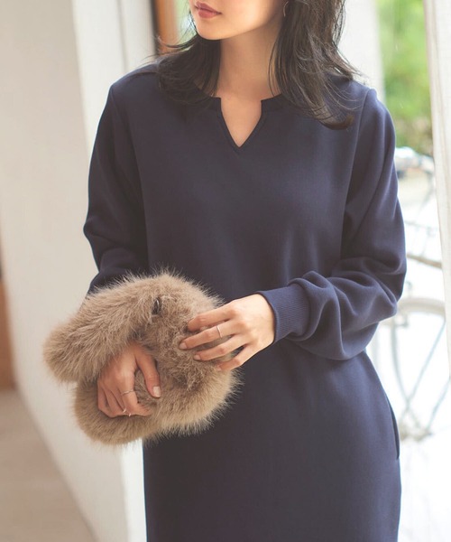 KOBE LETTUCE（コウベレタス）の「[ ぬく盛り ] 選べる丈 キーネックマキシワンピース（ワンピース・レディース・ネイビー/ピンク系/ブラウン/ブラック/ブルー・PM/M）」の3枚目の写真