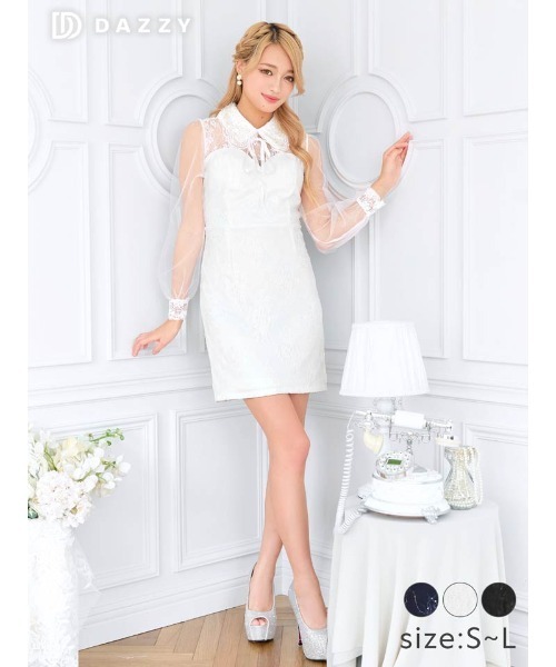 ドッキング スパンコール ビジュー リボン 襟付き シアー 長袖 タイト ミニドレス（ドレス）｜DAZZY（デイジー）