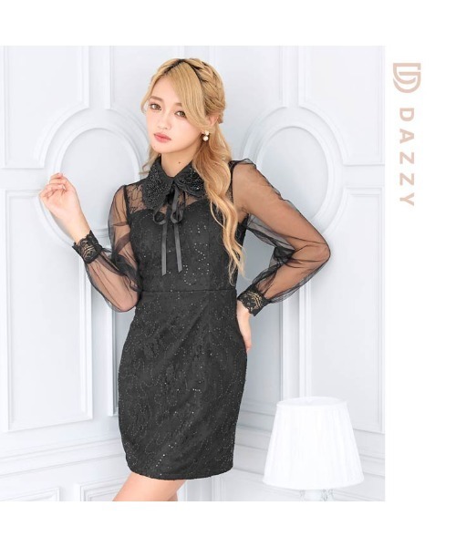 DAZZY(デイジー)の「ドッキング スパンコール ビジューリボン 襟付き シアー 長袖タイトミニドレス(ドレス・レディース・ネイビー/ホワイト/ブラック・M/S/L)」の14枚目の写真