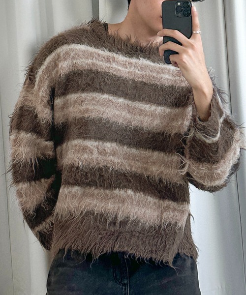 apres jour mignon（アプレジュールミニョン）の「シャギーボーダーニット【ZOZOTOWN限定アイテム】（ニット/セーター・レディース・ネイビー/ブラック系その他/ブラウン系その他・X-LARGE/フリー）」の5枚目の写真