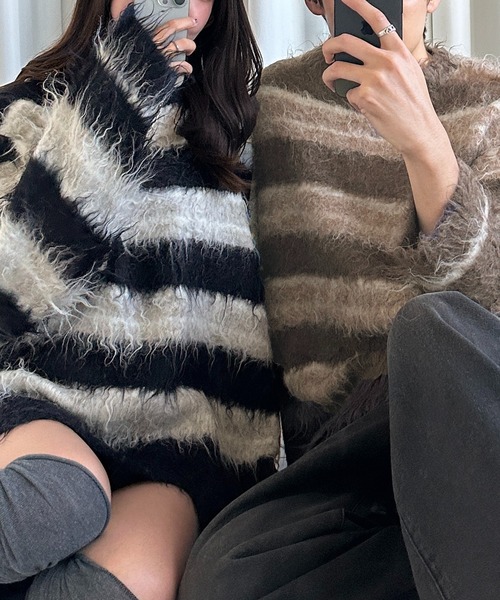 apres jour mignon（アプレジュールミニョン）の「シャギーボーダーニット【ZOZOTOWN限定アイテム】（ニット/セーター・レディース・ネイビー/ブラック系その他/ブラウン系その他・X-LARGE/フリー）」の6枚目の写真