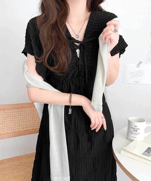 mily bilet（ミウィビレット）の「【mily bilet】さらりと着映えて、微光沢がそっと華やぐ。マジョリカプリーツギャザー使いフレアワンピース(ロング)（ワンピース・レディース・アイボリー/ブラウン/ブラック・LARGE/X-LARGE/MEDIUM/SMALL）」の12枚目の写真