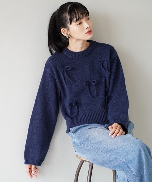 e-zakkamania stores（イーザッカマニアストアーズ）の「リボンニット（ニット/セーター・レディース・ネイビー/杢グレー/ライトベージュ・M）」の9枚目の写真