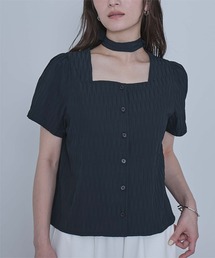BURBERRY BLUE LABEL ボウタイギャザーサテンブラウス 青 38 レディースのシャツ/ブラウス（ブルー・ネイビー/青色系