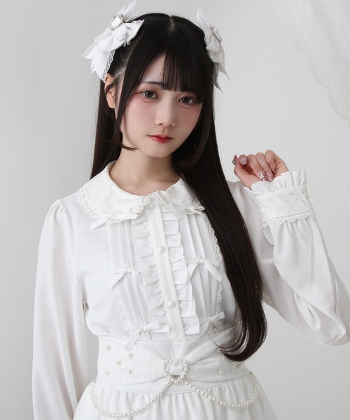DearMyLove(ディアマイラブ)の「キラキラビジュレースリボンブラウス(シャツ/ブラウス・レディース・ブルーグレー/ホワイト×ピンク/ホワイト×グレー/ホワイト/ブラック×ホワイト・MEDIUM/LARGE/LL/3L)」の6枚目の写真