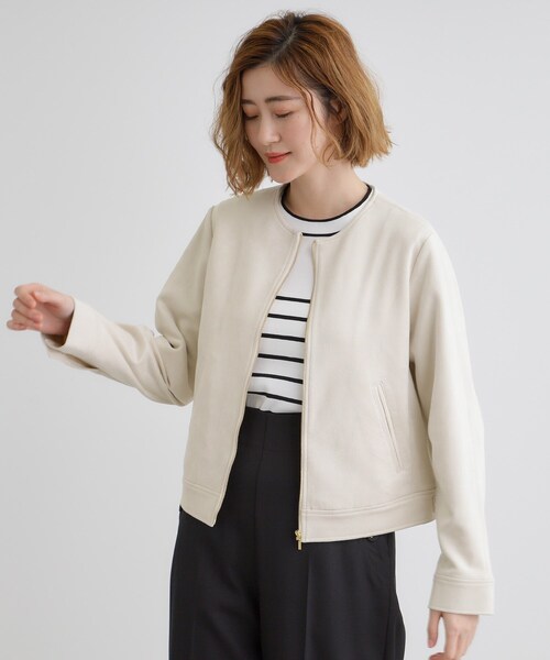 grove（グローブ）の「スエードライクノーカラージャケット（ブルゾン・レディース・アイボリー/ライトベージュ/ネイビー・02/03/01/04/05）」の4枚目の写真