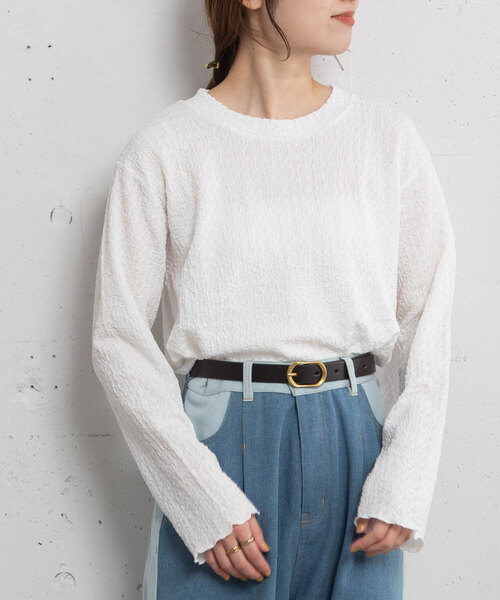 POU DOU DOU(プードゥドゥ)の「幾何学柄ふくれジャガードゆるトップス(Tシャツ/カットソー・レディース・ブラック/オフホワイト/イエロー/ライトグレー・M)」の2枚目の写真