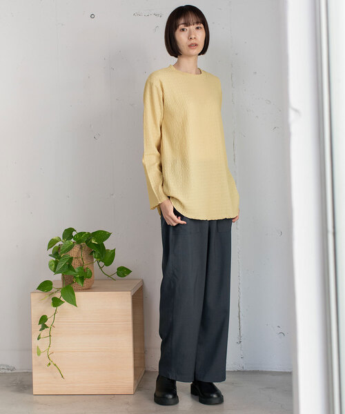 POU DOU DOU(プードゥドゥ)の「幾何学柄ふくれジャガードゆるトップス(Tシャツ/カットソー・レディース・ブラック/オフホワイト/イエロー/ライトグレー・M)」の9枚目の写真