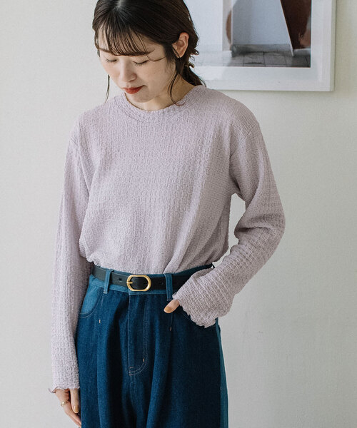 POU DOU DOU(プードゥドゥ)の「幾何学柄ふくれジャガードゆるトップス(Tシャツ/カットソー・レディース・ブラック/オフホワイト/イエロー/ライトグレー・M)」の12枚目の写真