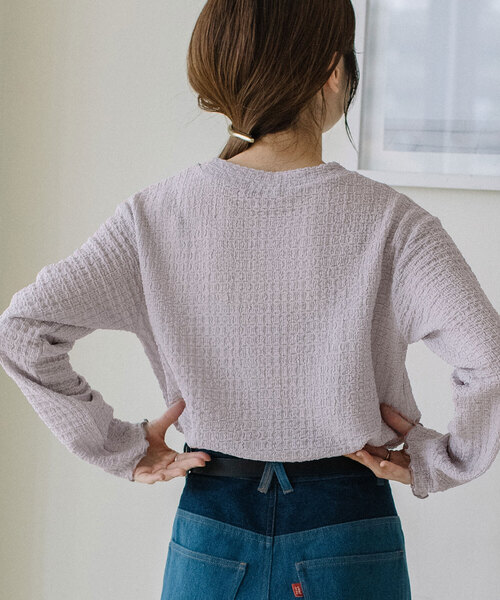 POU DOU DOU(プードゥドゥ)の「幾何学柄ふくれジャガードゆるトップス(Tシャツ/カットソー・レディース・ブラック/オフホワイト/イエロー/ライトグレー・M)」の14枚目の写真