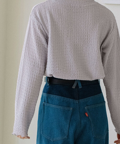 POU DOU DOU(プードゥドゥ)の「幾何学柄ふくれジャガードゆるトップス(Tシャツ/カットソー・レディース・ブラック/オフホワイト/イエロー/ライトグレー・M)」の15枚目の写真